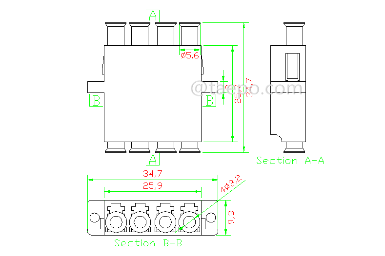 Schematic Diagrams for Singlemode quadri UPC LC to LC Fiber optic adaptor