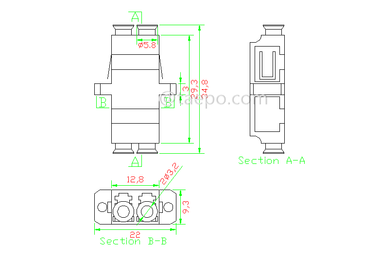 Schemetic Diagrams for Multimode duplex LC UPC fiber optic adaptor