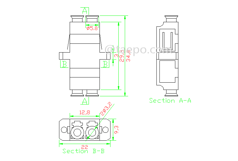 Schematiic Diagrams for Singlemode duplex APC LC to LC Fiber optic adapter