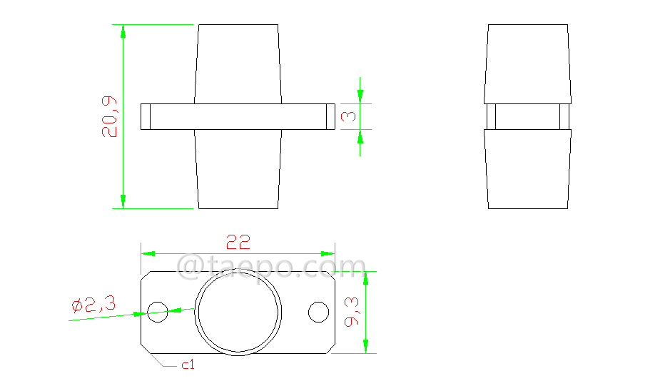 Schematic Diagrams for Singlemode simplex rectangle FC APC to FC APC Fiber optic adapter