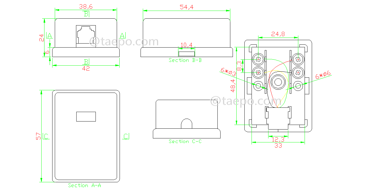 Drawing for 1-port connection box, CAT3, 6P4C