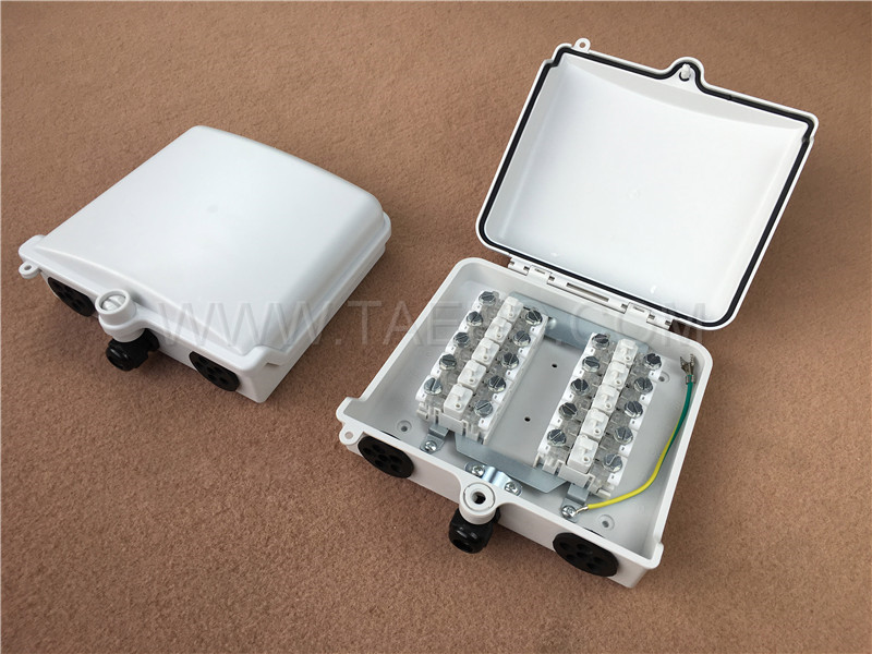 Outdoor 10 pairs distribution point box for STB module, 200x185x70mm, scew snap locking, plastic housing, with STB module with over-voltage protection