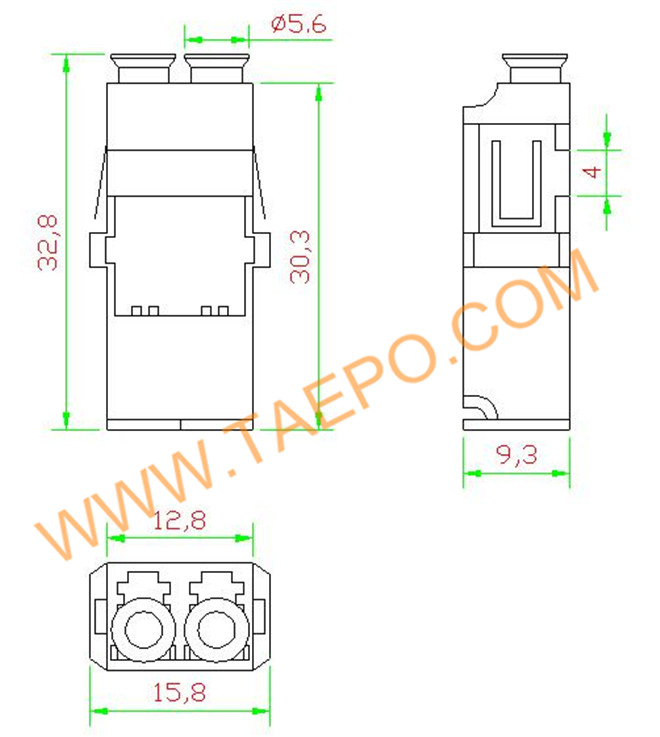 Schematic Diagrams for Singlemode duplex reduced flange shielded LC/APC Fiber optic adapter with shutter