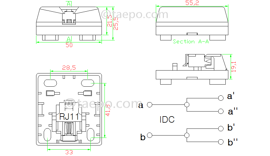 Schematic Diagrams for CAT3 2P2C jelly filled 1-port RJ11 telephone socket