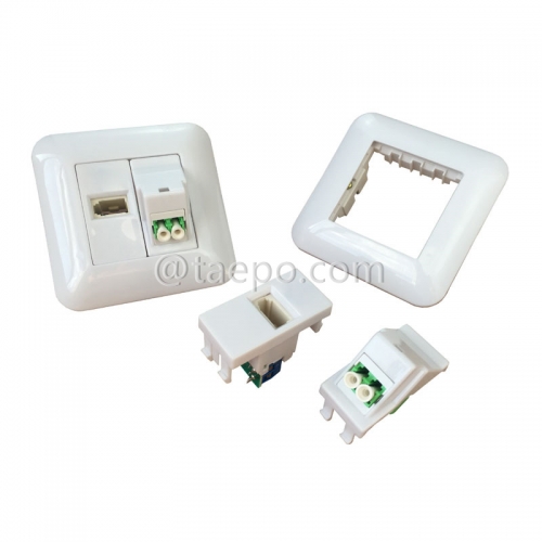 Fiber optic wall outlet with LC APC adapter duplex and 1-port UK socket
