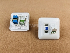 Fiber optic wall outlet with LC APC adapter duplex and 2-port UK socket