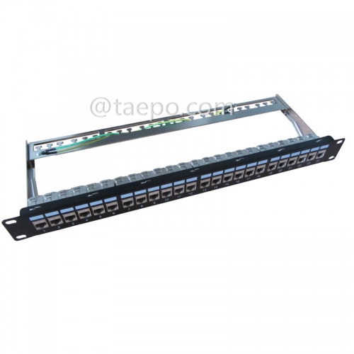 19 inch 1U 24 port CAT6A RJ45 STP shielded network server rack patch panel with cable manager and keystone