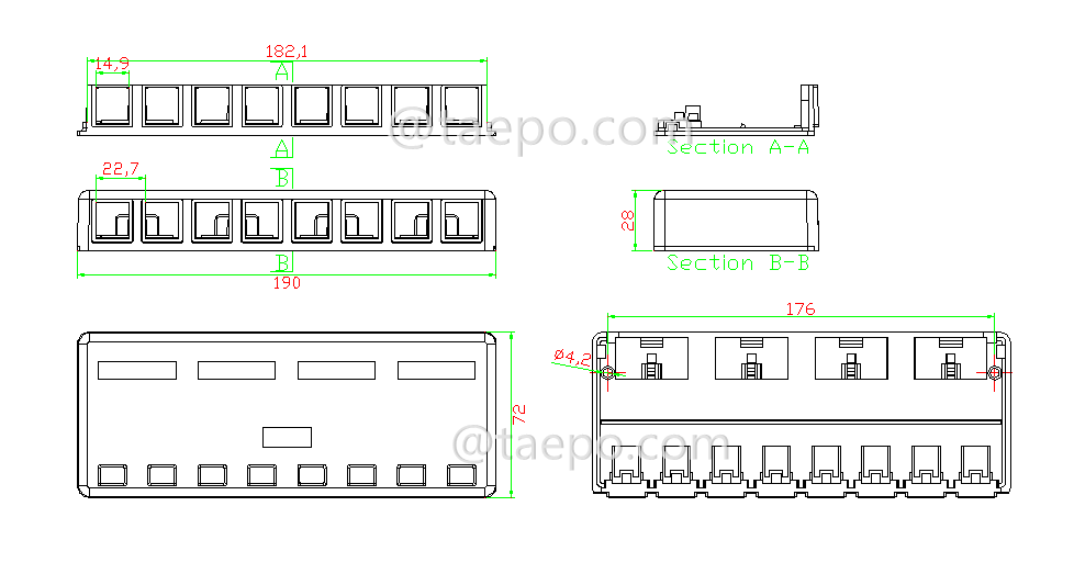 Drawing for 8-port surface box, CAT5E, RJ45, 8P8C, UTP