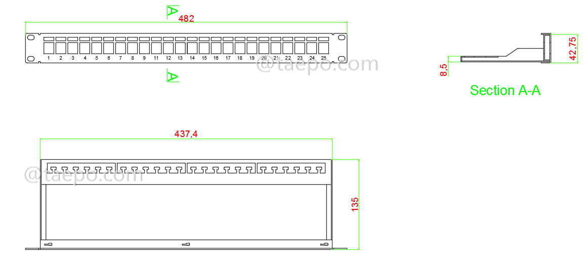 Schematic Diagrams for 1U height 24 port blank patch panel for STP keystone jack with cable manager