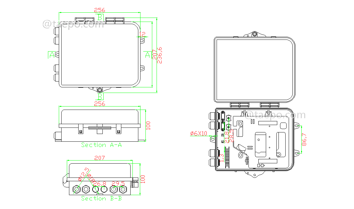 Schematic Diagrams for SC 8 fibers plastic FTTH Fiber splitter box FSB