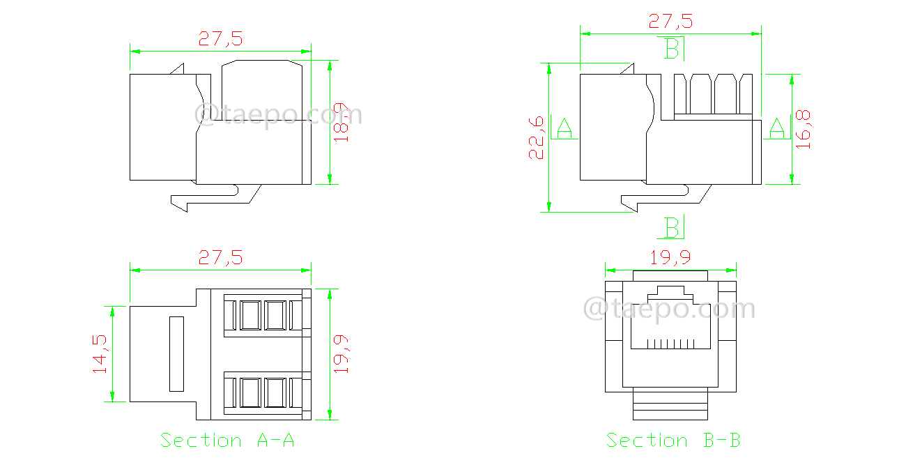 Schematic Diagrams for AP style CAT3 6P4C RJ11 90 degree network Keystone jack