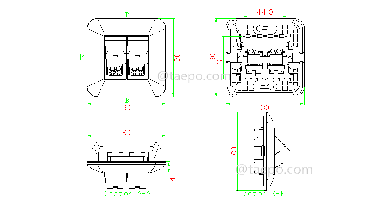 Schematic Diagrams for Fiber optic wall outlet box with LC APC adapter 4 fibers