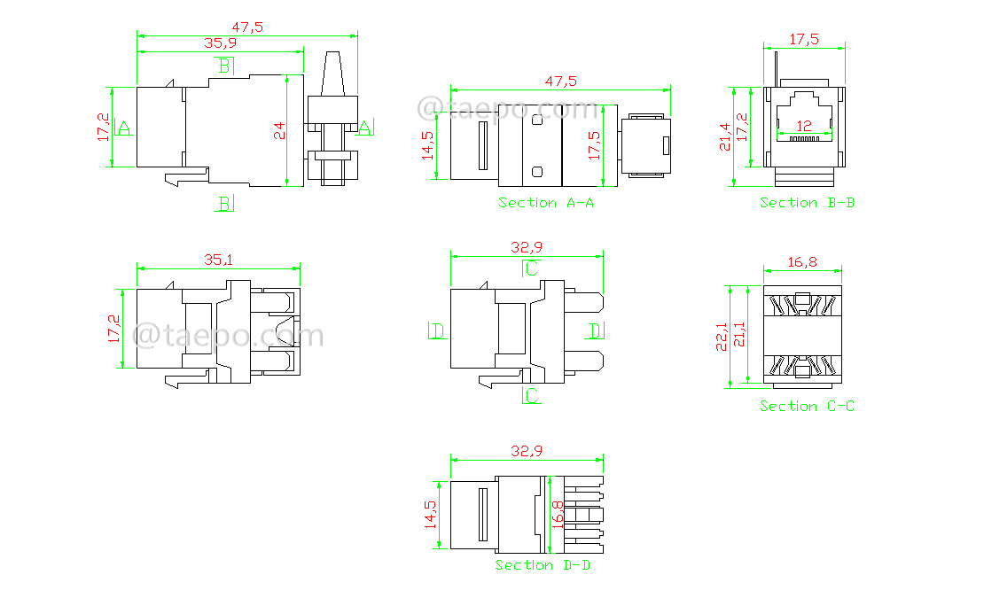 Schematic Diagrams for CAT5E RJ45 8P8C AP style STP shielded Keystone jack