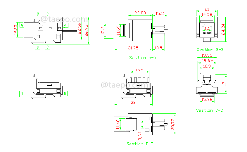 Schematic Diagrams for CAT 6 rj45 8P8C 90 degree STP shielded network Keystone jack