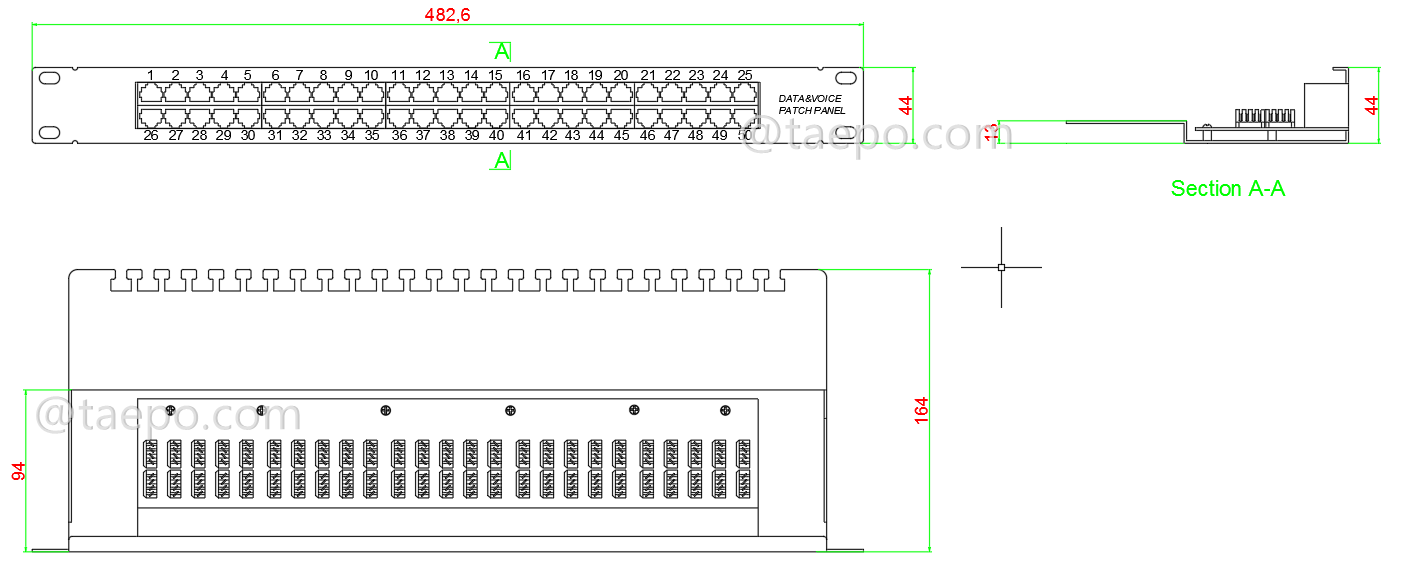 Schematic Diagrams for 50 port CAT3 UTP RJ45 rack mount voice patch panel with bracket