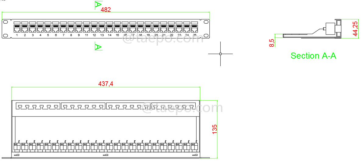 Schematic Diagrams for 24 port CAT6A RJ45 STP shielded network server rack patch panel 