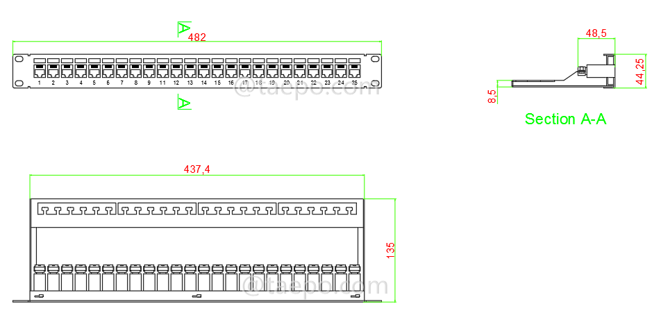 Schematic Diagrams for 24 port CAT5E RJ45 STP shielded patch panel with cable manager