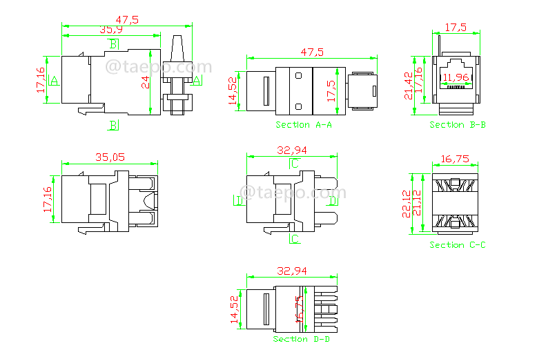 Schematic Diagrams for CAT6 STP 8P8C RJ45 180 degree AP style Keystone jack