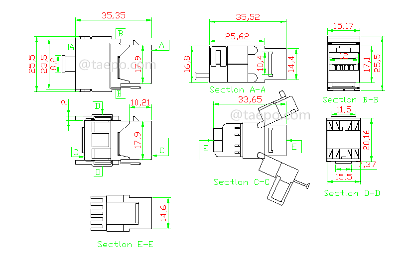 Schematic Diagrams for 180 degree CAT6A 8P8C RJ45 STP shielded Keystone modular jack