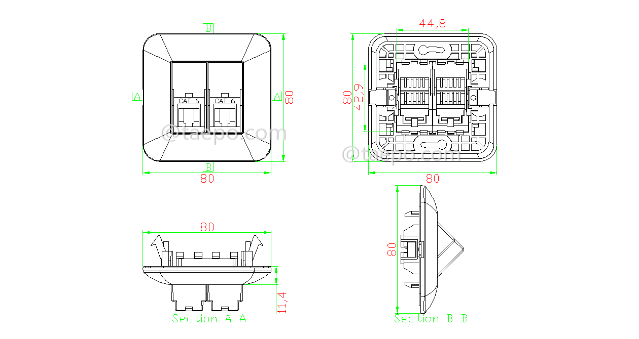 Schematic Diagrams for Network outlet 2 port keystone jack CAT6 UTP 8P8C