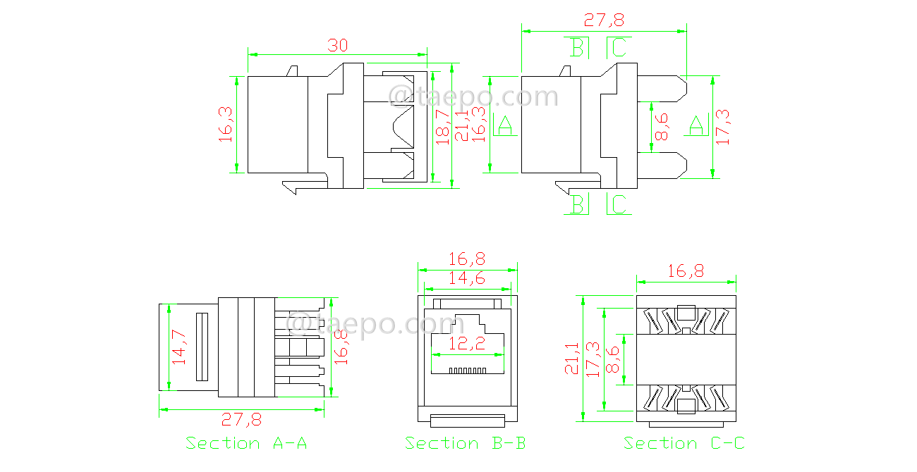 Schematic Diagrams for 180 degree CAT5E UTP 8P8C network Keystone jack