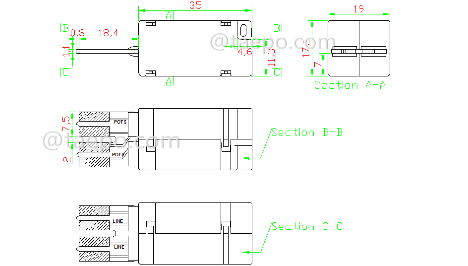 Schematic Diagrams for ADSL/POTS double low pass filter for LSA disconnection module