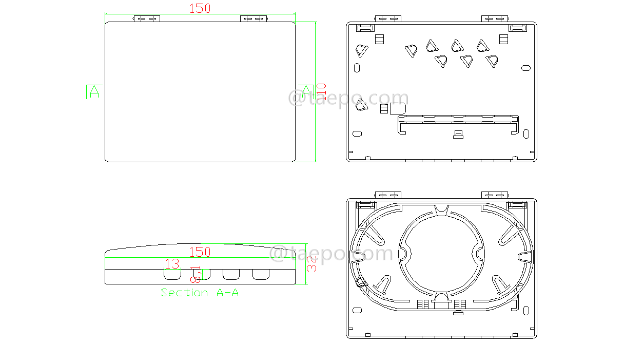 Schematic Diagrams for 4 core FTB Fiber optic termination box with flip cover