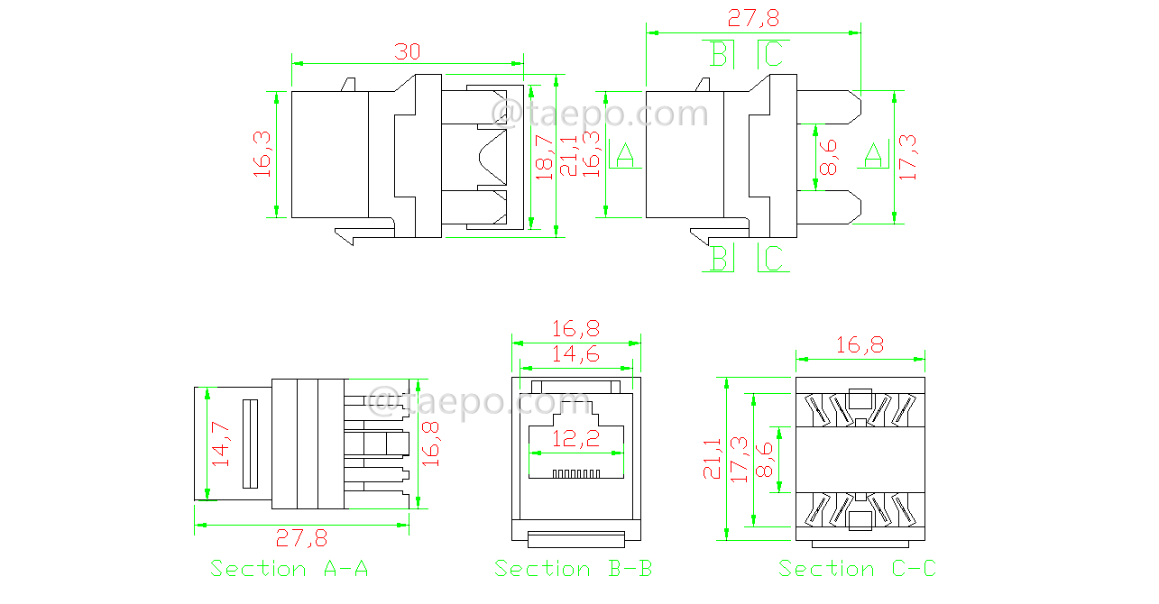 Schematic Diagrams for CAT6 UTP unshielded 8P8C AP style 180 degree Keystone jack