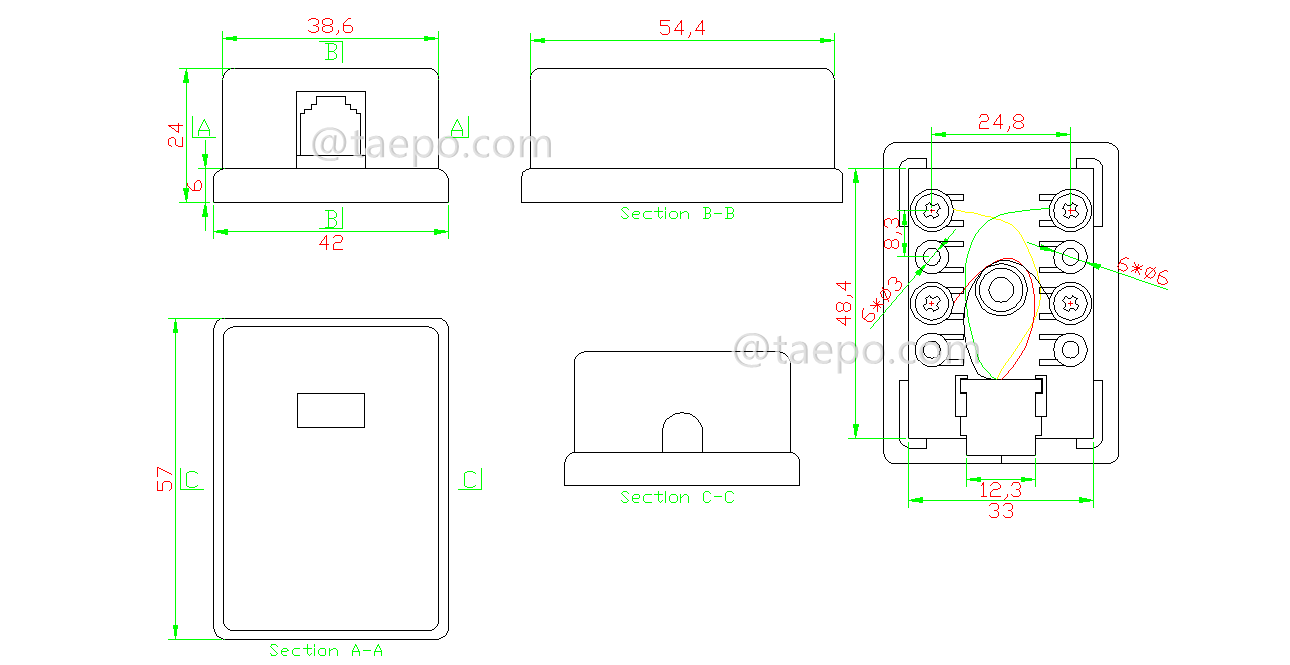 Schematic Diagrams for 1 port CAT3 6P4C telephone wire RJ12 jack connection box