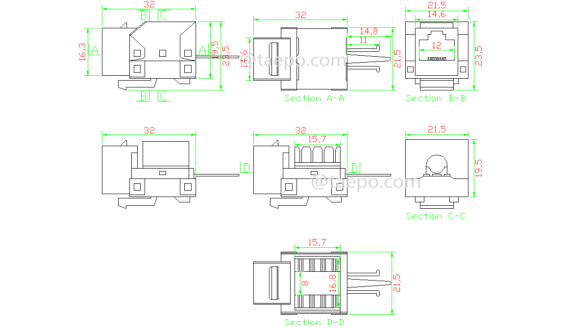 Schematic Diagrams for CAT5E STP shielded TJ45 8P8C 90 degree Keystone jack