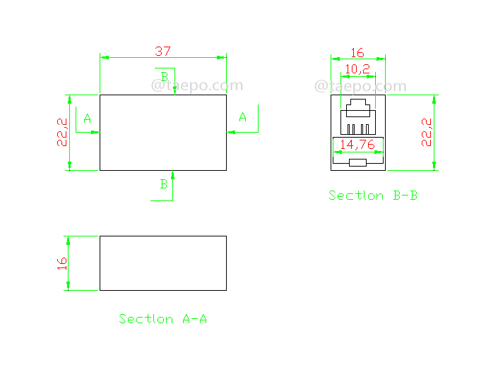 Drawing fo rInline coupler, CAT5E, RJ45-RJ45, UTP, 8P8C, 180 degree