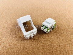 Plastic insert with LC APC fiber duplex adapter compatible with network cable wall outlet