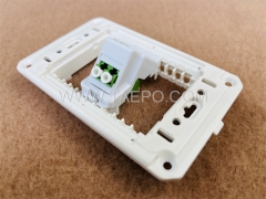 Plastic insert with LC APC fiber duplex adapter compatible with network cable wall outlet