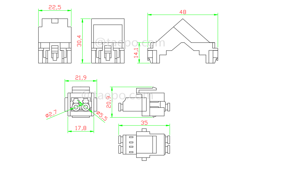 Schematic Diagrams for Plastic insert with LC APC fiber duplex adapter compatible with network cable wall outlet