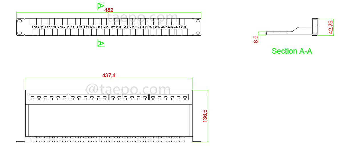 Schematic Diagrams for 19 inch 1U 48 port blank patch panel for STP keystone jack