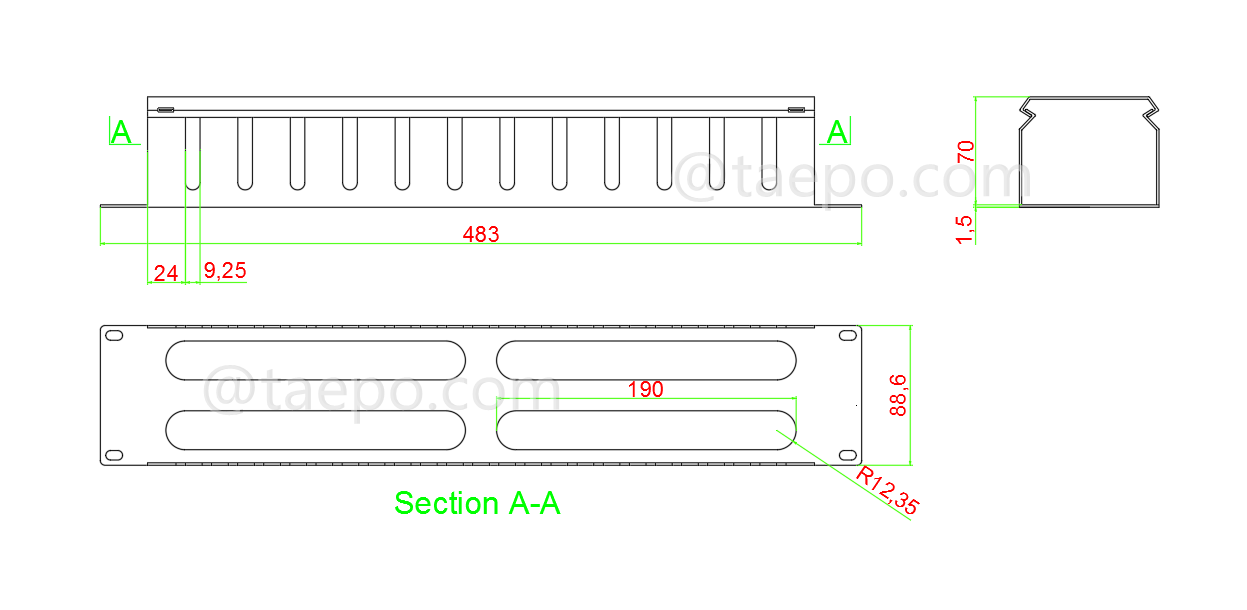 Schematic Diagrams for 13 fingers 2U rackmount Metal cable wire management