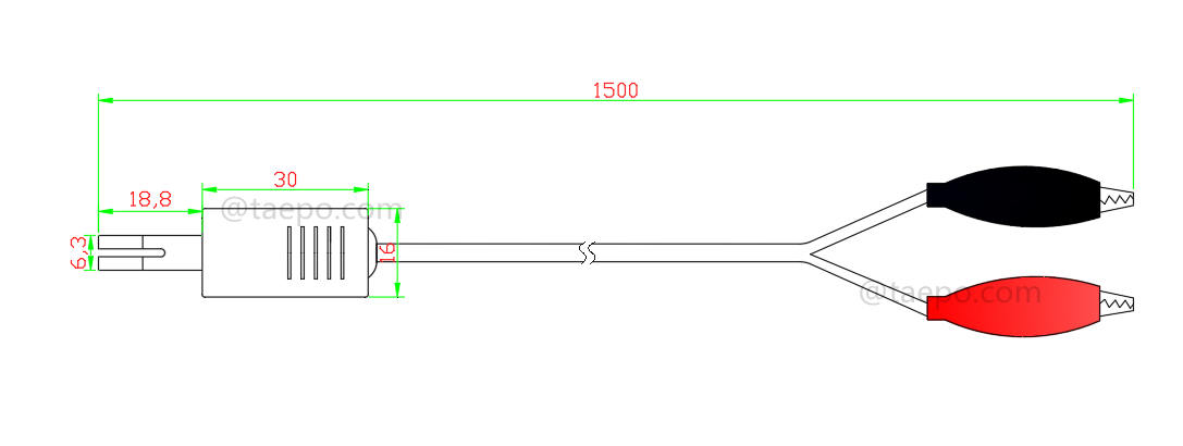 Drawing for 2-pole NT connection cord, test plug to alligator clip, 1.5m