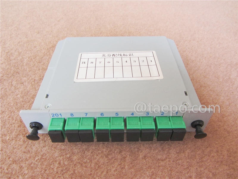 Fiber optic splitter, PLC, casette type, G657A,  1x8, 0.9mm loose tube, with SC/APC connector, adapter