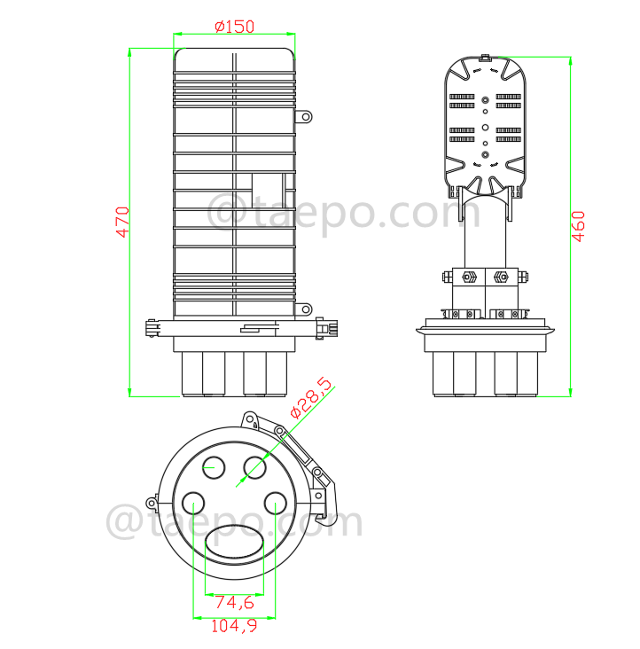 Drawing for Fiber optic splice closure (FOSC), vertical type, mechanical sealing , 144 fibers