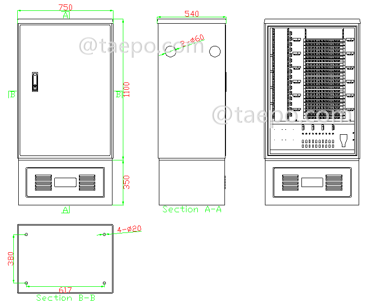 Drawing for Outdoor SMC fiber street cabinet, SC, 576 fibers, double-sided, single door, plastic case splitter type, with 10 plastic case slots