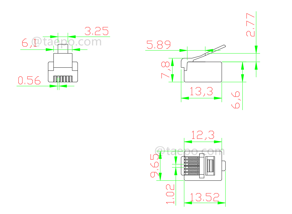 Drawing for Modular plug, CAT3, 6P6C, UTP