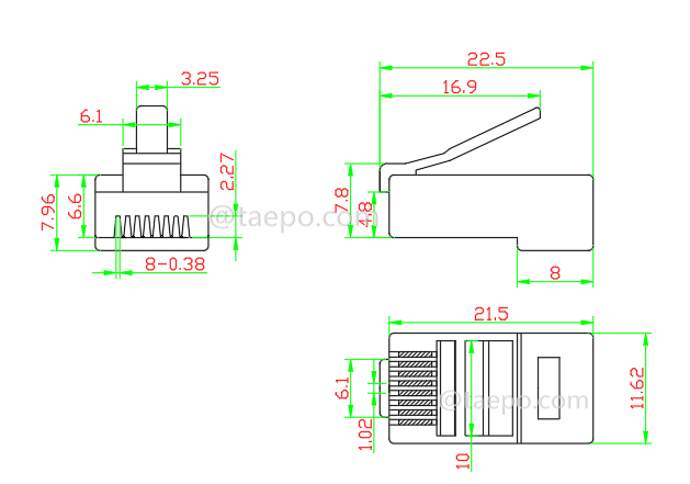 Drawing for Modular plug, CAT5E, RJ45, 8P8C, UTP