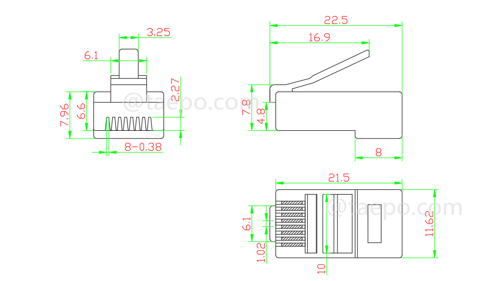 Drawing for Modular plug, CAT6A, RJ45, 8P8C, UTP