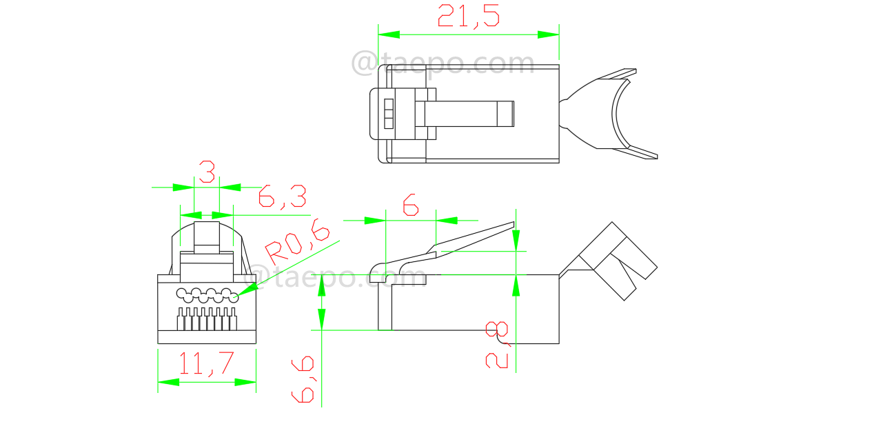 Drawing for Modular plug, CAT7, RJ45, 8P8C, STP