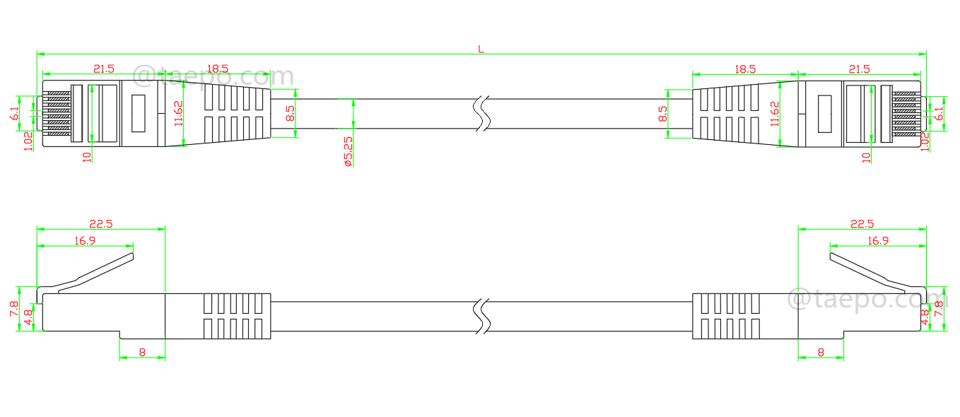Drawing for LAN patch cord, CAT5E, FTP, RJ45-RJ45, 1m