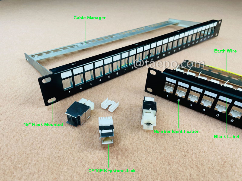 Illustration pictures for 24-port patch panel, CAT5E, RJ45, STP, 19
