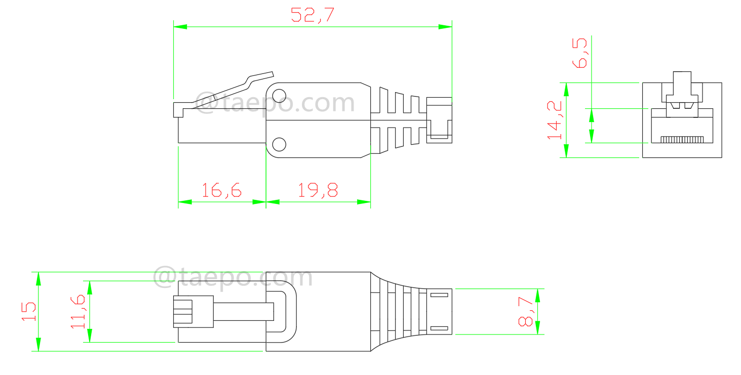 Drawing for Modular plug, CAT5E, RJ45, 8P8C, UTP, tool free
