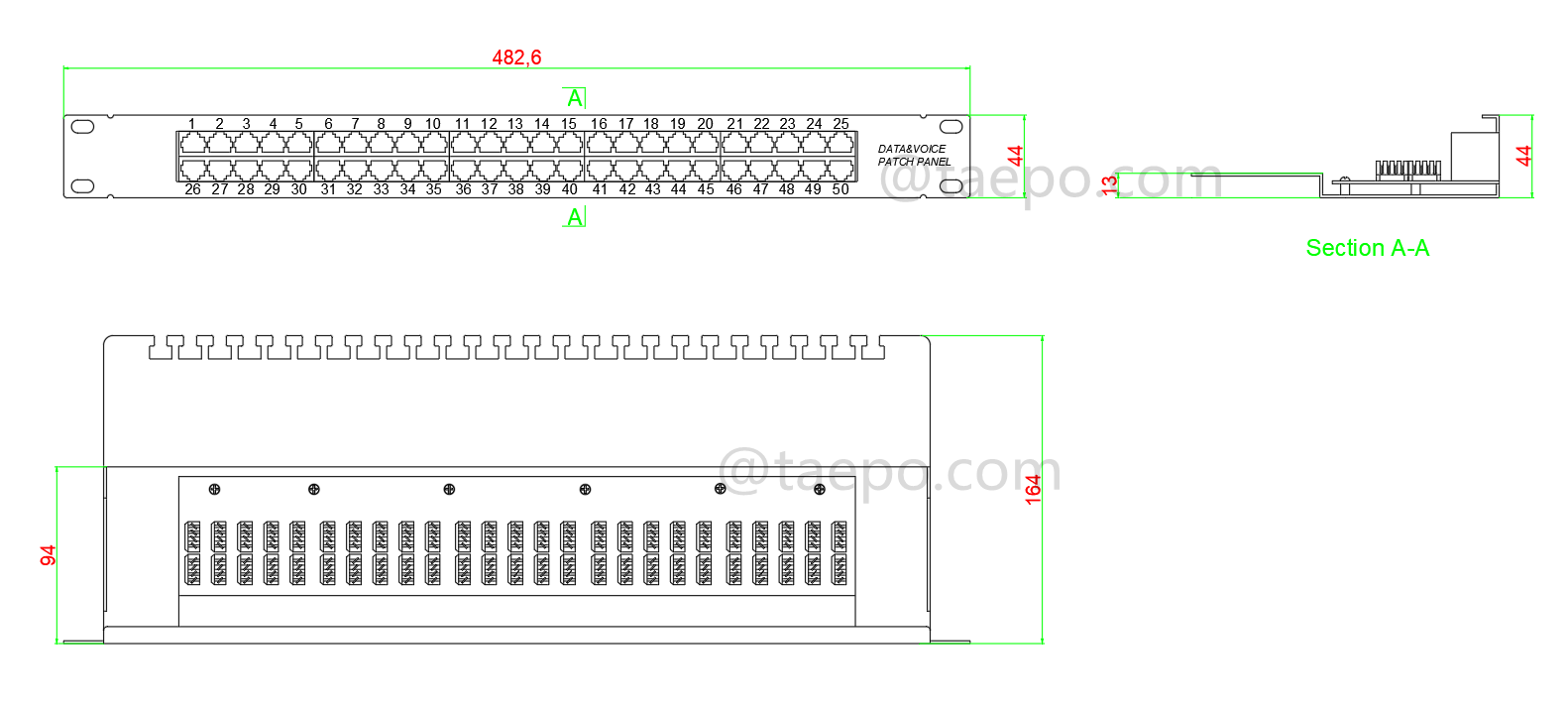 Drawing for 50-port patch panel, CAT3, RJ45, UTP, 19