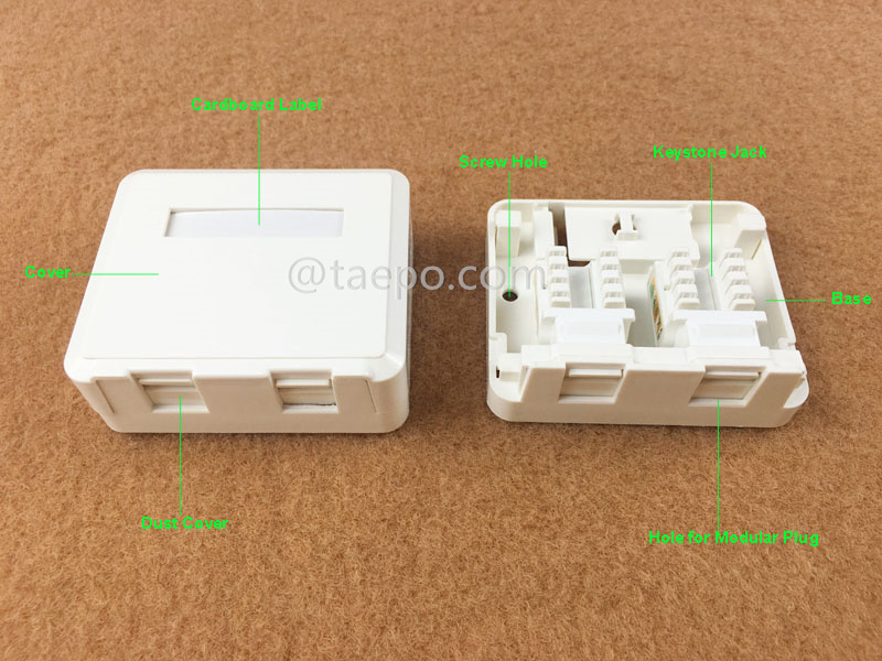 Illustration pictures for 2-port surface box, CAT5E, RJ45, 8P8C, UTP