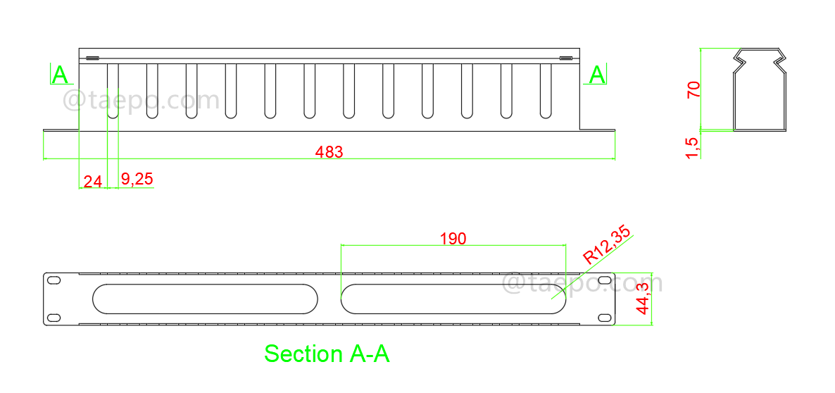 Drawing for Metal cable manager, 13 fingers, 1U